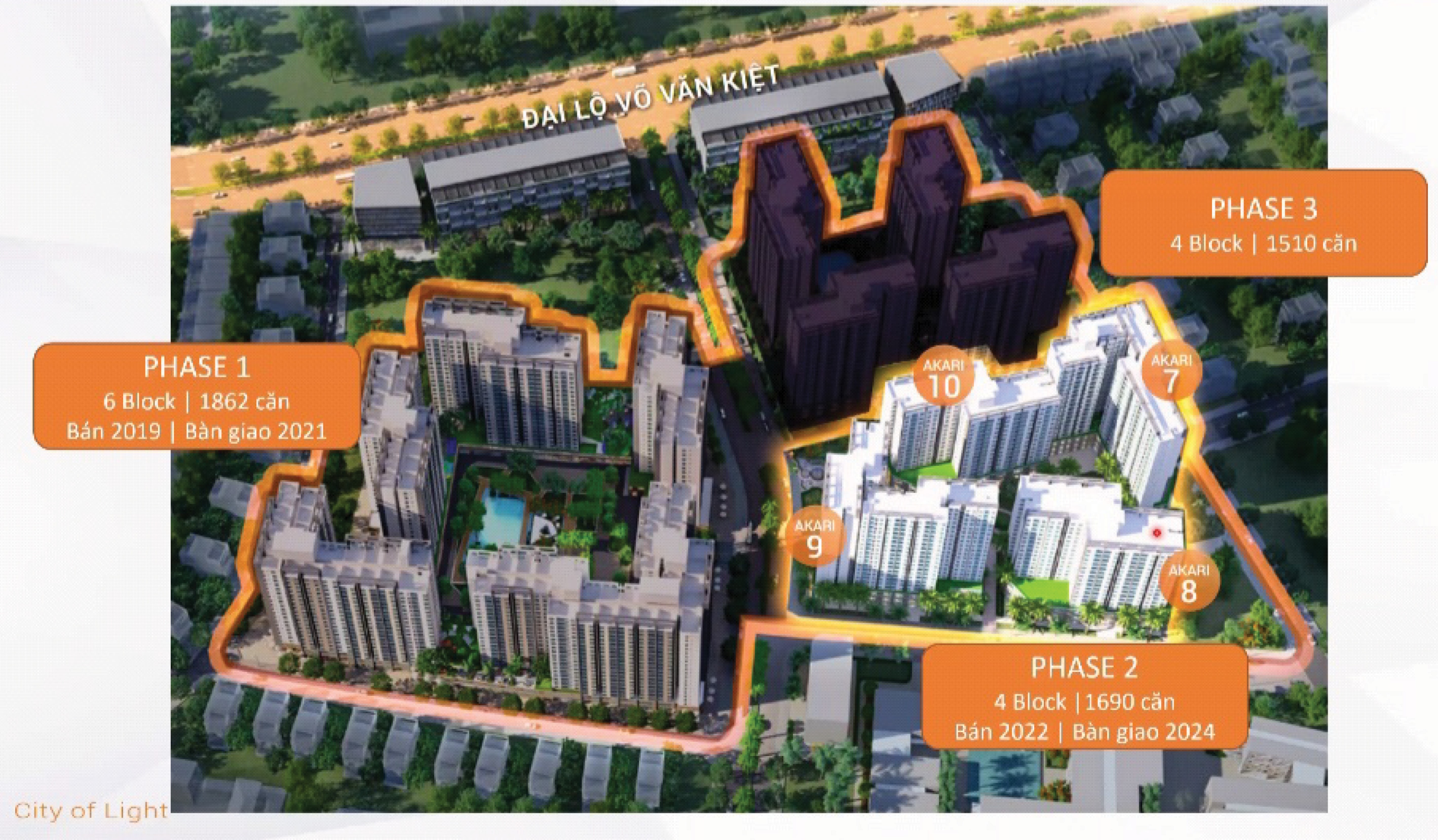 Mặt bằng tổng thể dự &aacute;n Akari City với 3 giai đoạn v&agrave; 14 t&ograve;a th&aacute;p